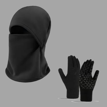 Imagem de Luvas de tela sensível ao toque, luvas de ciclismo de inverno quentes de malha + boné quente, polaina de pescoço à prova de vento, Preto + preto, tamanho �nico