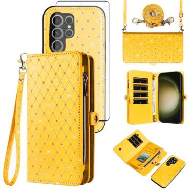 Imagem de Capa de celular para Samsung Galaxy S23 Ultra 5G com zíper carteira de celular com alça protetora de tela de vidro temperado com glitter flip compartimento para cartão S23Ultra 23S S 23 23Ultra 17.3