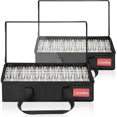 Imagem de GYXZ Pacote com 4 caixas de armazenamento para cassete, cada uma comporta 64 fitas (total de 256), 39,9 cm × 21,6 cm × 9 cm, bolsa organizadora portátil com capa transparente, zíper e alças, preta