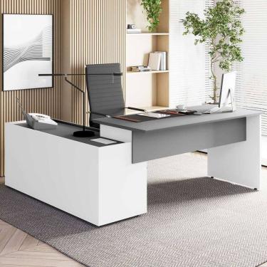 Imagem de Mesa em L 180x170cm com Armário Lateral Caixa de Tomadas e Tampo Chanfrado Escritório Corporate Cinza Sagrado/ Branco