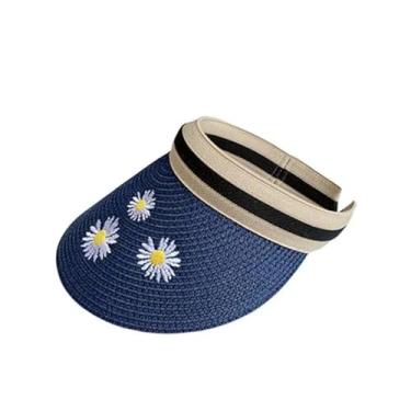 Imagem de Chapéu feminino verão vazio viseira de sol chapéu de palha de verão aba larga chapéu de proteção solar (azul)