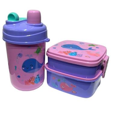 Imagem de Kit Lancheira Infantil com 2 Potes Empilháveis e Garrafa 600ml (Rosa e Lilás)