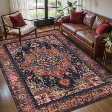 Imagem de Tangsoo Tapete vintage 10 x 15 lavável para sala de estar azul escuro/vermelho antiderrapante para área pequena