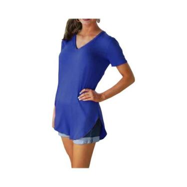 Imagem de Blusa de verão de cor sólida com decote em V manga curta solta camiset