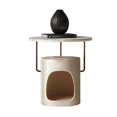 Imagem de Mesa de canto redonda moderna, mesa lateral, mesa de cabeceira, mesa de centro pequena, mesa de sofá de 2 camadas para espaço pequeno, sala de estar, quarto, varanda simples (bege)