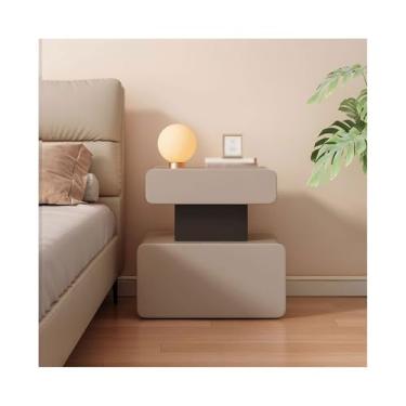 Imagem de Mesa de cabeceira moderna de madeira cáqui pequena armazenamento de quarto gaveta dupla de couro irregular aparador prático (grande)