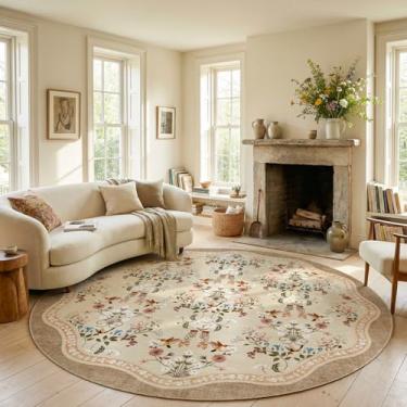 Imagem de jinchan Tapete circular de 2,3 m, floral, lavável, antiderrapante, interior, flor, grande, tapete redondo de pilha baixa, tapete macio para sala de estar, quarto, sala de jantar, cinza-claro