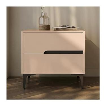 Imagem de Mesa de cabeceira moderna e simples de madeira, lateral estreita, cor sólida, mesa de cabeceira, grande capacidade, gaveta dupla com escorregador silencioso, móveis práticos (bege, médio)