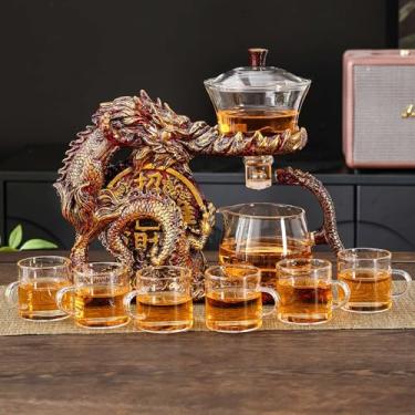 Imagem de Conjunto de bule de chá de vidro com infusor semiautomático, conjunto de chá de dragão com 6 xícaras pequenas (dragão dourado vermelho-b)