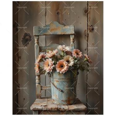 Imagem de Kit de pintura floral em cadeira de madeira por números para adultos - Cadeira rústica DIY com pintura de margaridas em tela 40,6 x 50 cm, conjunto de tinta acrílica, adequado para iniciantes, arte