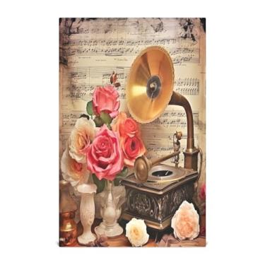 Imagem de Wassud Toalhas de cozinha vintage gramofone e rosas toalhas de prato de cozinha 1 pacote panos de prato macios com laço para pendurar toalha de mão de secagem rápida super absorvente toalhas de chá de