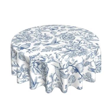 Imagem de GOLIANDA Toalha de mesa floral azul pássaro 177 cm toalha de mesa redonda chinoiserie floral decoração sazonal poliéster resistente a manchas capa de mesa redonda para festa piquenique cozinha