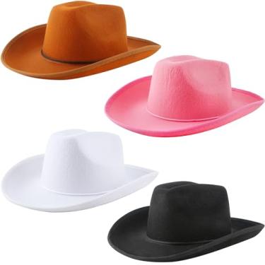 Imagem de SGBETTER Pacote com 4 chapéus de cowboy de feltro country texano chapéu de cowboy com cordão no pescoço para festa temática de vaqueira de cowboy adulto, Rosa, branco, preto e marrom