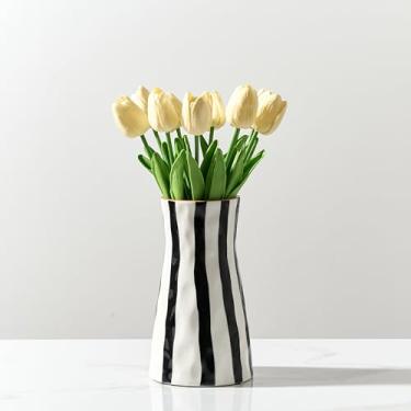 Imagem de SIDUCAL Elegante vaso de cerâmica listrado preto e branco – Vaso de flores moderno para sala de estar, escritório, sala de jantar, prateleira, entrada, casamento, mesa