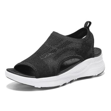 Imagem de YESWIN Sandálias femininas de caminhada, suporte de arco, ortopédica, confortável, fascite plantar, antiderrapante, casual, bico aberto, sandálias esportivas para verão e praia, Preto, branco, 38