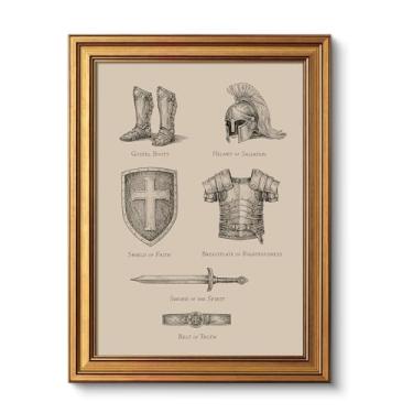 Imagem de VIYYIEA Arte de parede em tela vintage cristã emoldurada a ouro, decoração de parede com impressão de armadura completa de Deus, pintura a óleo rústica, cristo, religiosa, para sala de estar, quarto