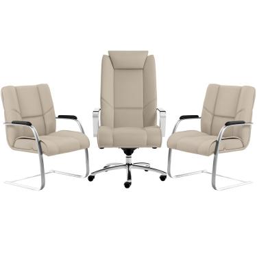 Imagem de Kit Cadeira Presidente Com 02 Cadeiras Fixas New Onix F02 Tecido Sintético Areia - Lyam Decor