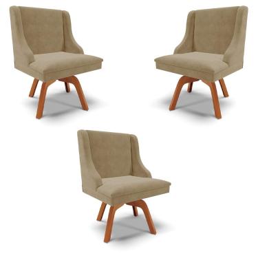 Imagem de Kit 3 Cadeiras Decorativas Sala de Jantar Base Giratória de Madeira Firenze Suede Nude/Natural G19 - Gran Belo