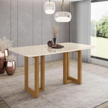 Imagem de Mesa De Jantar Com Tampo Mdf E Vidro Com Canto Arredondado 160 Cm Yara Henn Nature Com Off White