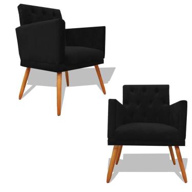 Imagem de Kit Decorativo Duas Poltrona Nina Retro Pés Palito Suede Preto Com Roda Pé Eli Móveis