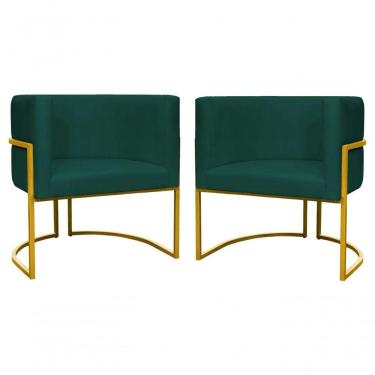 Imagem de Kit 2 Poltronas Decorativa Luxo Base De Metal Dourada Escritório Recepção Sala Suede Verde Eli Móveis E Decoração
