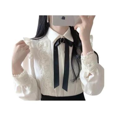 Imagem de Camisa Branca De Botões Estilo Preppy Feminina, Blusa De Escritório Fo