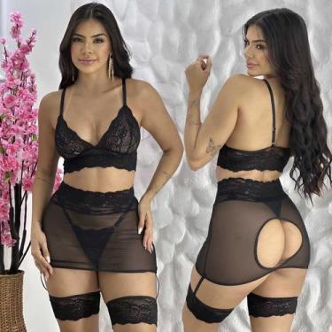 Imagem de Conjunto Lingerie Sensual Com Saia Cinta Liga Renda sexy Luxo  - Alici