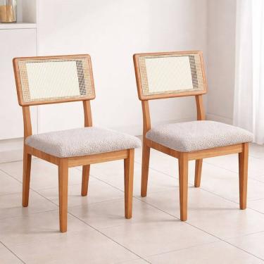 Imagem de Kit 2 Cadeiras de Jantar Assento Estofado em Tecido Linho com Encosto em Tela Palha Mdf Freijó / Cesare Escuro