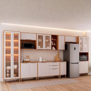 Imagem de Cozinha Modulada 9 Peças Brilhante com 1 Cristaleira 3 Balcões 4 Armários Aéreo e 1 Torre Cinamomo/Offwhite
