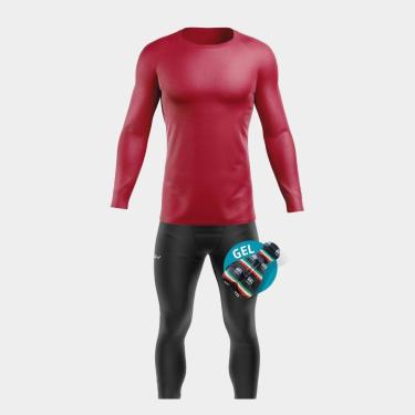 Imagem de Conjunto de Ciclismo Masculino Camisa Manga Longa Vermelho Proteção Uv e Calça Forro Gel-Masculino