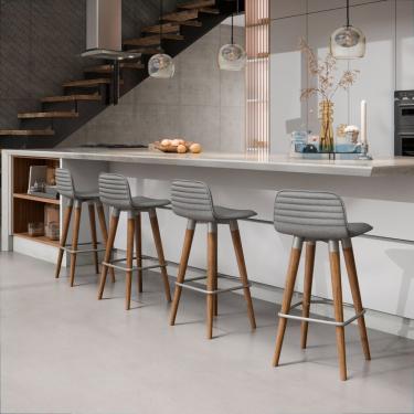 Imagem de Kit 4 Meia Banquetas Baixa Línea Madeira Maciça Assento Linho Cinza Carvalho Unidecor