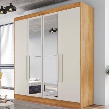 Imagem de Guarda-Roupa Casal Nantes 4 Portas 3 Gavetas 100% Mdf com Espelho Peroba/Off White - Europa Móveis