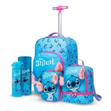 Imagem de Kit Mochila Rodinha Disney Lancheira Estojo Garrafa Escolar Stitch Infantil-Feminino