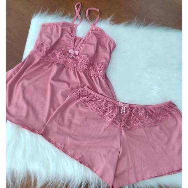 Imagem de Pijama Sensual Feminino Baby Doll Rendado Luxo Verão - Sem marca, Rosa