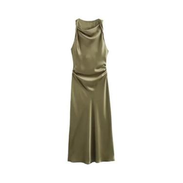Imagem de Vestido Midi Elegante De Cetim Sem Mangas Com Decote Drapeado Para Mul