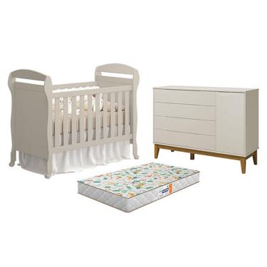 Imagem de Kit Berço Americano Danny com Colchão e Cômoda Elfe Classic MDF Areia Acetinado Amadeirado Reller Móveis