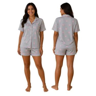 Imagem de Pijama Feminino Americano Verão Estampado Botões Short Doll Cor:Cinza 