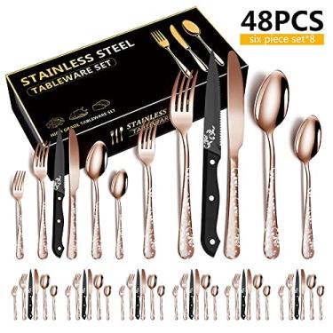 Imagem de Wemay 48 talheres de aço inoxidável conjunto de talheres polido espelho 8 facas de bife 8 facas de jantar 8 garfos 8 colheres 8 garfos de chá 8 colheres de chá com belo padrão de flores para cozinha