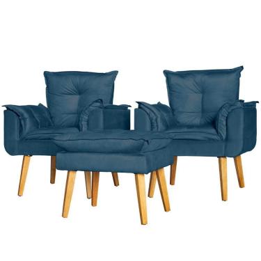 Imagem de Conjunto 2 Poltronas Para Sala E Puff Suede Azul
