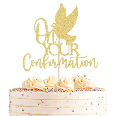 Imagem de AHAORAY Enfeite de bolo On Your Confirmation – Decorações de confirmação sagrada dourada com glitter, perfeito para aniversário de crianças, chá de bebê, noivado, chá de panela, aniversário de casamento