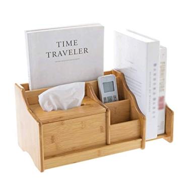 Imagem de KIZQYN Estante para mesa de trabalho, organizador de mesa de escritório de madeira com gaveta, organizador de correspondências, organizador de mesa, 3 compartimentos, suporte de controle remoto, suporte de armazenamento, estante