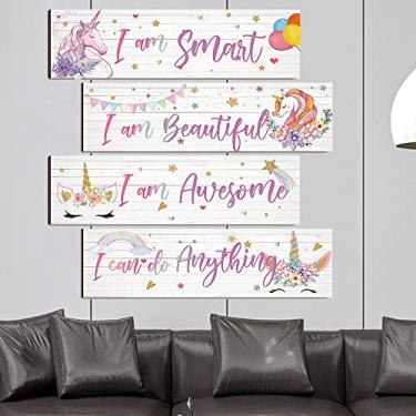 Imagem de Idle Decormay conjunto de 4 peças retrô unicórnio placa suspensa de madeira citações inspiradoras para crianças decorações de parede para meninos meninas casa quarto cafeteria (estilo 6)