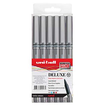 Imagem de Caneta Rollerbal Deluxe UB 155 Micro 0.5mm, Uni-Ball, Caixa com 6 unidades (3 Azul, 2 Preta e 1 Vermelha)