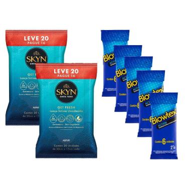 Imagem de Kit Preservativo Blowtex Action c\30un + Lenços Umedecidos Skyn Leve 40un