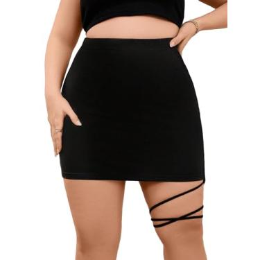 Imagem de OYOANGLE Saias curtas femininas plus size com tiras cruzadas e cintura alta colado ao corpo, Preto, X-Large Plus
