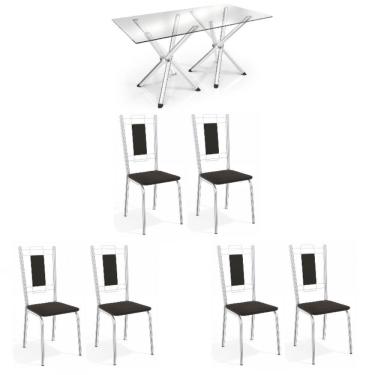 Imagem de Conjunto Sala de Jantar Kappesberg Crome Tampo de Vidro 6 Cadeiras Cromado Preto