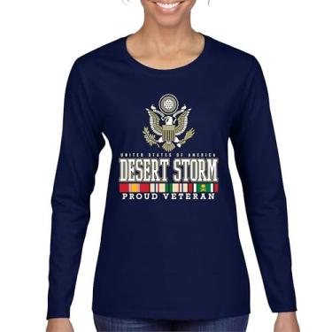 Imagem de Camiseta feminina de manga comprida Desert Storm Proud Veteran American Army Gulf War Operation Served DD 214 Veterans Day Patriot, Azul marinho, M
