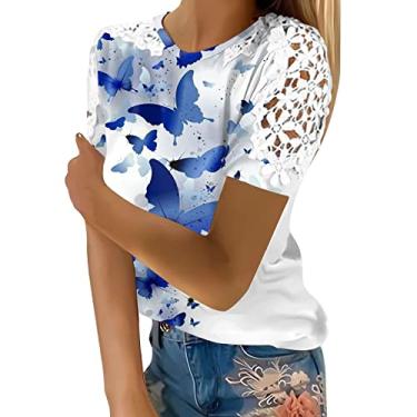 Imagem de Blusas femininas de malha de renda plus size manga curta elegantes blusas de algodão verão camiseta camponesa túnica formal, Azul, M