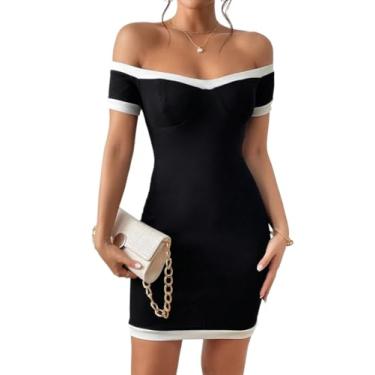 Imagem de Camisa Feminina Off Shoulder Contrast Binding Bodycon Dress (Color : Black, Size : L)
