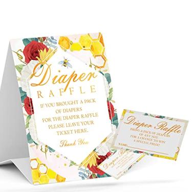 Imagem de LONLONBANG Sorteio de Fraldas Favo de Mel Chá de Bebê Cartões de Jogo Floral Chá de Bebê Festa Rifa Inserir Ingresso Chá de Bebê Kit de Cartões de Jogo de Chá de Bebê Decorações de Festa (1 Sinal + 50